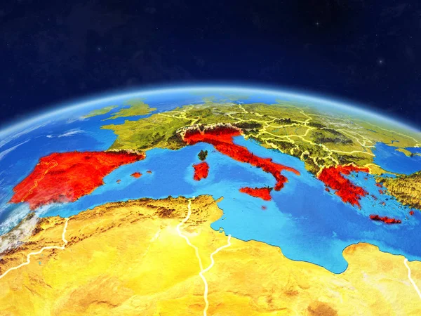 Southern Europe on planet Earth with country borders and highly detailed planet surface and clouds. 3D illustration. Elements of this image furnished by NASA.