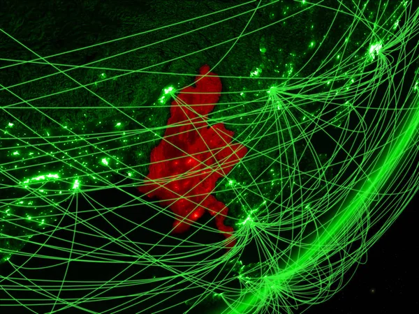 Myanmar Groene Model Van Planeet Aarde Met Netwerk Bij Nacht — Stockfoto