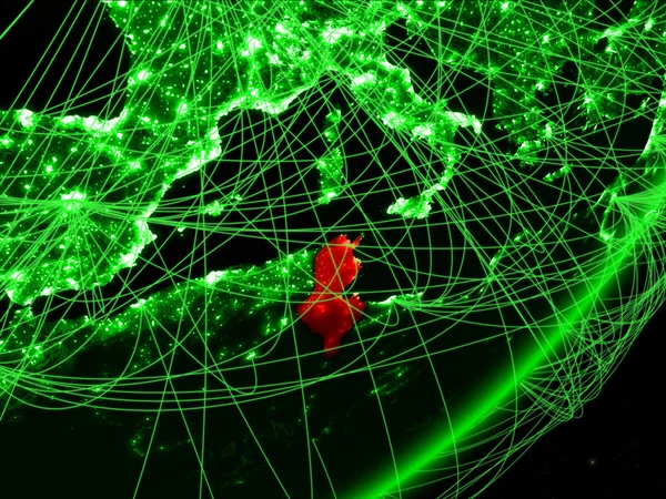 Tunisia on green model of planet Earth with network at night. Concept of green technology, communication and travel. 3D illustration. Elements of this image furnished by NASA.
