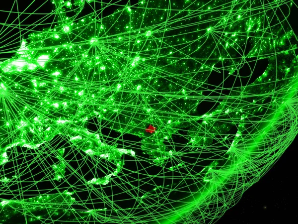 Kosovo on green model of planet Earth with network at night. Concept of green technology, communication and travel. 3D illustration. Elements of this image furnished by NASA.