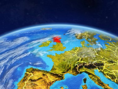 İskoçya Planet Earth ile ülke sınırları ve son derece detaylı gezegenin yüzeyi ve bulutlar. 3D çizim. Nasa tarafından döşenmiş bu görüntü unsurları.