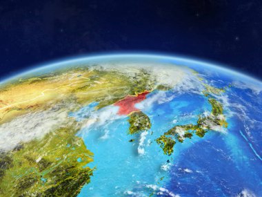 Kuzey Kore Planet Earth ile ülke sınırları ve son derece detaylı gezegenin yüzeyi ve bulutlar. 3D çizim. Nasa tarafından döşenmiş bu görüntü unsurları.