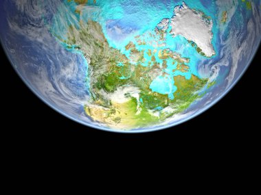 Uzaydan gelen Kuzey Amerika. Dünya yüzeyinde görünür dağlar ve sığ deniz ile çok yüksek detay. 3D çizim. Nasa tarafından döşenmiş bu görüntü unsurları.