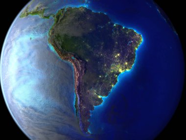 Güney Amerika uzaydan görünüşünü yeryüzünde. 3D çizim. Nasa tarafından döşenmiş bu görüntü unsurları.
