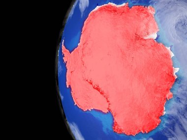 Antarktika modeli bir çok ayrıntılı gezegenin yüzey ve bulutlar Dünya gezegeni uzaydan. Kıta kırmızı ile vurgulanacaktır. 3D çizim. Nasa tarafından döşenmiş bu görüntü unsurları.