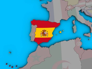 İspanya ile katıştırılmış ulusal bayrak mavi siyasi 3d dünya üzerinde. 3D çizim.