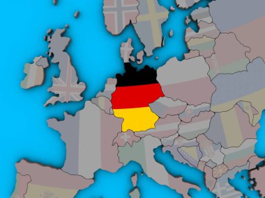 Almanya ile katıştırılmış ulusal bayrak mavi siyasi 3d dünya üzerinde. 3D çizim.