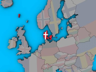 Danimarka ile katıştırılmış ulusal bayrak mavi siyasi 3d dünya üzerinde. 3D çizim.