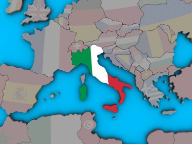 Mavi siyasi 3d dünya üzerinde katıştırılmış ulusal bayrak ile İtalya. 3D çizim.