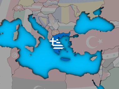 Yunanistan ile katıştırılmış ulusal bayrak mavi siyasi 3d dünya üzerinde. 3D çizim.