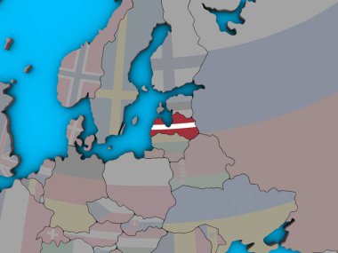 Letonya ile katıştırılmış ulusal bayrak mavi siyasi 3d dünya üzerinde. 3D çizim.