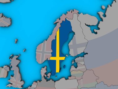 İsveç ile katıştırılmış ulusal bayrak mavi siyasi 3d dünya üzerinde. 3D çizim.