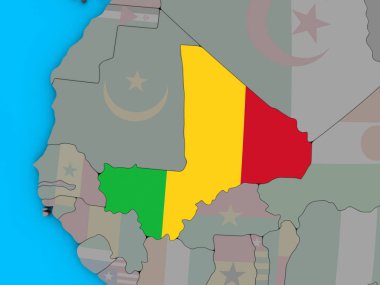 Mali ile katıştırılmış ulusal bayrak mavi siyasi 3d dünya üzerinde. 3D çizim.