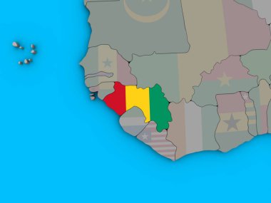 Mavi siyasi 3d dünya üzerinde katıştırılmış ulusal bayrak ile Gine. 3D çizim.