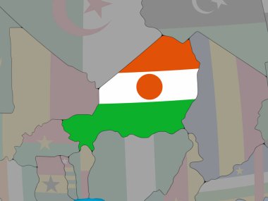 Nijer katıştırılmış ulusal bayrak mavi siyasi 3d dünya üzerinde. 3D çizim.