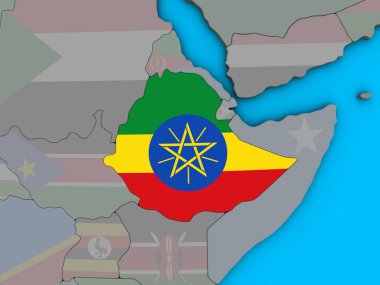 Etiyopya ile katıştırılmış ulusal bayrak mavi siyasi 3d dünya üzerinde. 3D çizim.