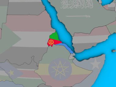 Eritre katıştırılmış ulusal bayrak mavi siyasi 3d dünya üzerinde. 3D çizim.