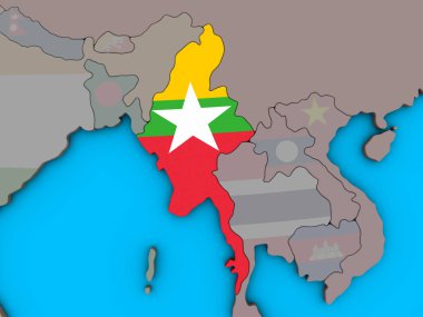 Myanmar katıştırılmış ulusal bayrak mavi siyasi 3d dünya üzerinde. 3D çizim.
