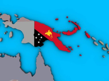 Papua Yeni Gine katıştırılmış ulusal bayrak mavi siyasi 3d dünya üzerinde. 3D çizim.