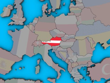 Avusturya ile katıştırılmış ulusal bayrak mavi siyasi 3d dünya üzerinde. 3D çizim.