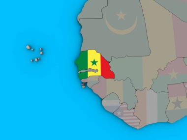 Senegal ile katıştırılmış ulusal bayrak mavi siyasi 3d dünya üzerinde. 3D çizim.