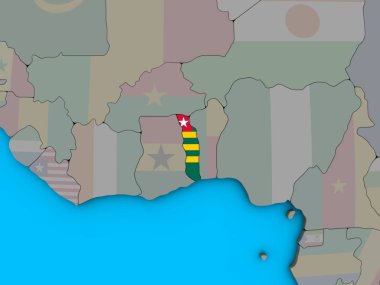 Togo katıştırılmış ulusal bayrak mavi siyasi 3d dünya üzerinde. 3D çizim.