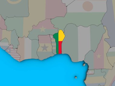 Benin ile katıştırılmış ulusal bayrak mavi siyasi 3d dünya üzerinde. 3D çizim.