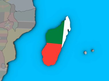 Madagaskar ile katıştırılmış ulusal bayrak mavi siyasi 3d dünya üzerinde. 3D çizim.