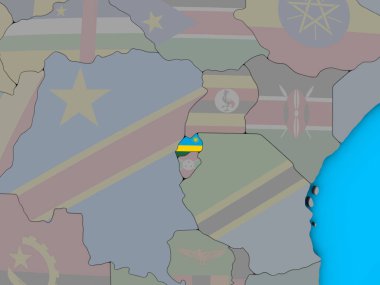 Mavi siyasi 3d dünya üzerinde katıştırılmış ulusal bayrak ile Ruanda. 3D çizim.