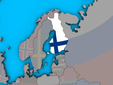Finlandiya ile katıştırılmış ulusal bayrak mavi siyasi 3d dünya üzerinde. 3D çizim.