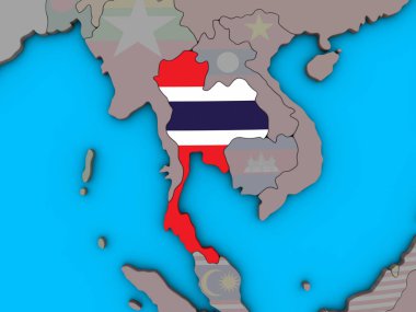 Mavi siyasi 3d dünya üzerinde katıştırılmış ulusal bayrak ile Tayland. 3D çizim.
