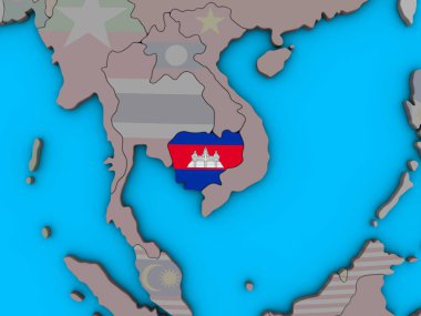 Kamboçya ile katıştırılmış ulusal bayrak mavi siyasi 3d dünya üzerinde. 3D çizim.