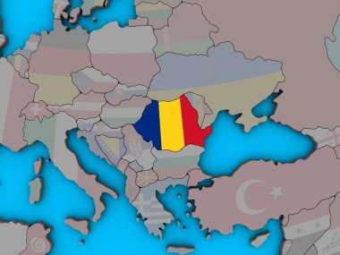 Romanya ile katıştırılmış ulusal bayrak mavi siyasi 3d dünya üzerinde. 3D çizim.