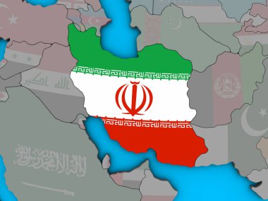 Iran ile katıştırılmış ulusal bayrak mavi siyasi 3d dünya üzerinde. 3D çizim.