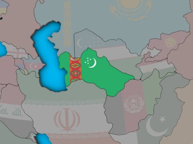 Türkmenistan ile katıştırılmış ulusal bayrak mavi siyasi 3d dünya üzerinde. 3D çizim.