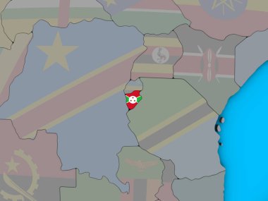 Burundi katıştırılmış ulusal bayrak mavi siyasi 3d dünya üzerinde. 3D çizim.