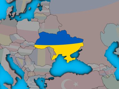 Ukrayna ile katıştırılmış ulusal bayrak mavi siyasi 3d dünya üzerinde. 3D çizim.