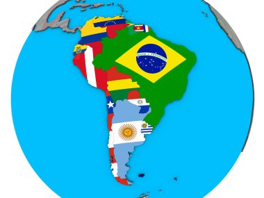 Mavi siyasi 3d dünya üzerinde katıştırılmış ülke bayrakları ile Güney Amerika. 3D çizim.