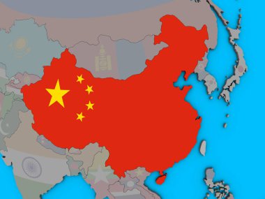 Çin ile katıştırılmış ulusal bayrak mavi siyasi 3d dünya üzerinde. 3D çizim.