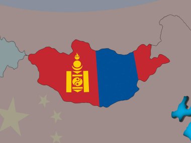 Moğolistan ile katıştırılmış ulusal bayrak mavi siyasi 3d dünya üzerinde. 3D çizim.