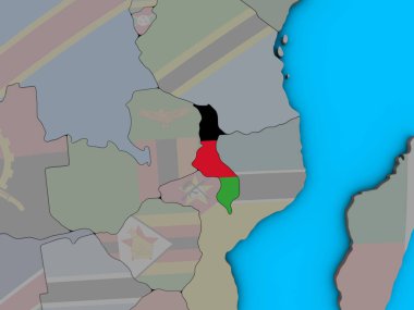 Malavi ile katıştırılmış ulusal bayrak mavi siyasi 3d dünya üzerinde. 3D çizim.