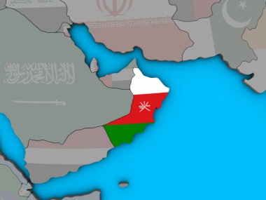 Umman ile katıştırılmış ulusal bayrak mavi siyasi 3d dünya üzerinde. 3D çizim.