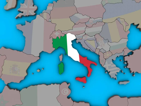 Italië Met Ingesloten Nationale Vlag Blauwe Politieke Globe Illustratie — Stockfoto