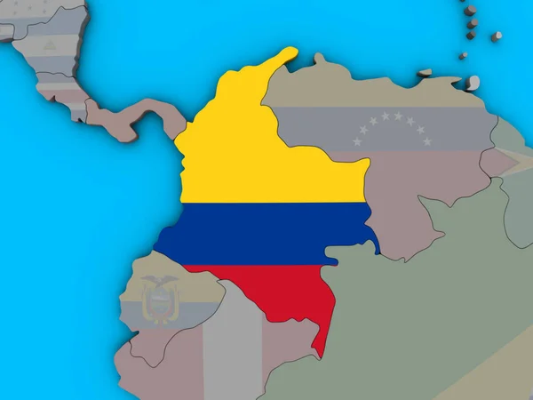 Kolumbia Osadzonych Flagi Narodowej Niebieski Globus Polityczny Ilustracja — Zdjęcie stockowe