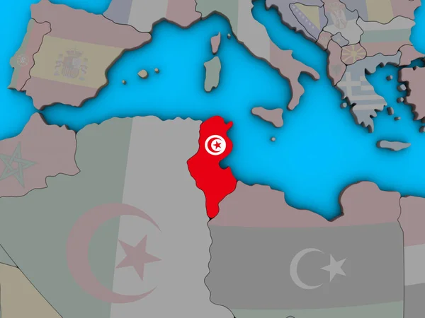Τυνησία Ενσωματωμένο Εθνικής Σημαίας Στο Μπλε Πολιτικό Σφαίρα Απεικόνιση — Φωτογραφία Αρχείου