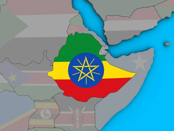 Etiopien Med Inbäddade Flagga Blå Politiska Klot Illustration — Stockfoto