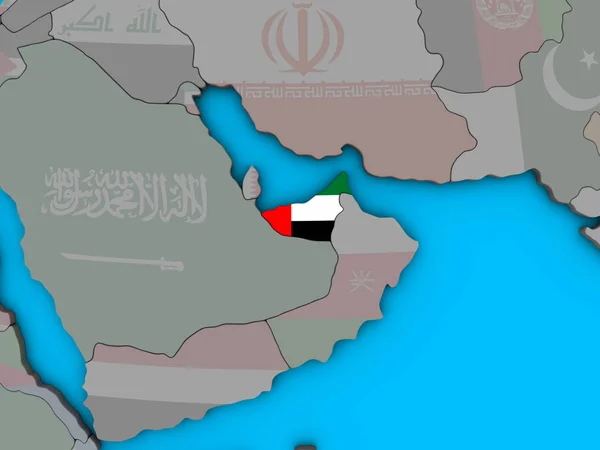 Yhdistyneet Arabiemiirikunnat Joilla Upotettu Kansallinen Lippu Sinisellä Poliittisella Pallolla Kuva — kuvapankkivalokuva