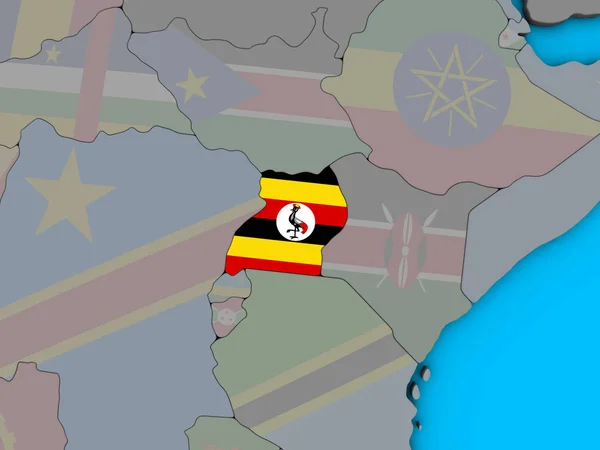 Уганда Встроенным Национальным Флагом Голубом Политическом Глобусе Иллюстрация — стоковое фото