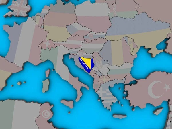 Bosznia Hercegovina Beágyazott Nemzeti Zászló Kék Politikai Földgömb Illusztráció — Stock Fotó