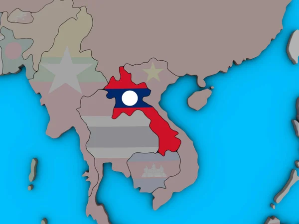 Laos Mit Eingebetteter Nationalflagge Auf Blauem Politischen Globus Illustration — Stockfoto